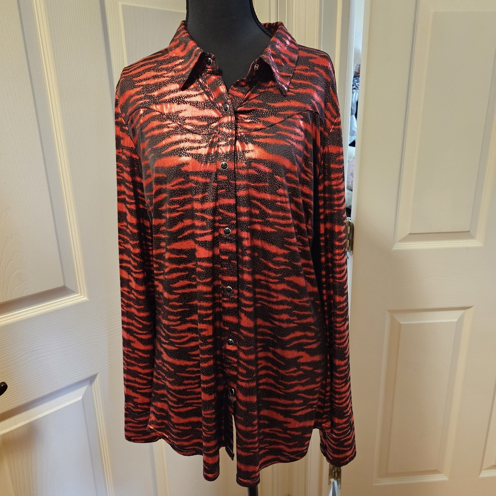 Roper Wear The West Red Black Zebra Animal Print Western Snap Shirt Women's XL